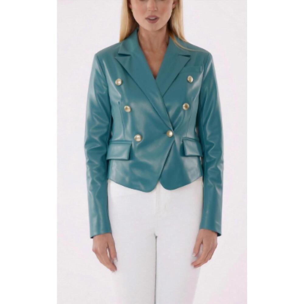 NEW DOLCE CABO cropped faux leather double breasted blazer in aqua